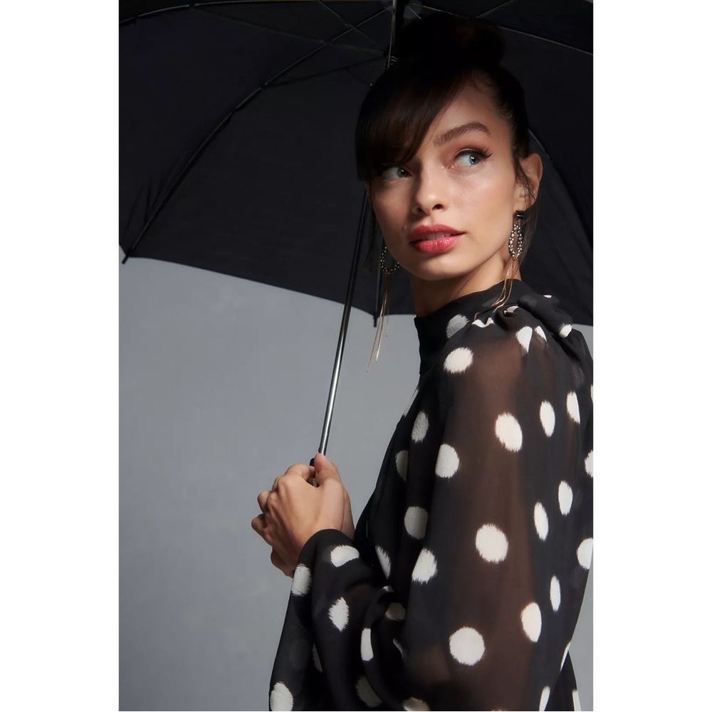 Anthropologie Maeve Black Sheer Long-Sleeve Polka Dot Mini Dress M NWT - Picture 4 of 11